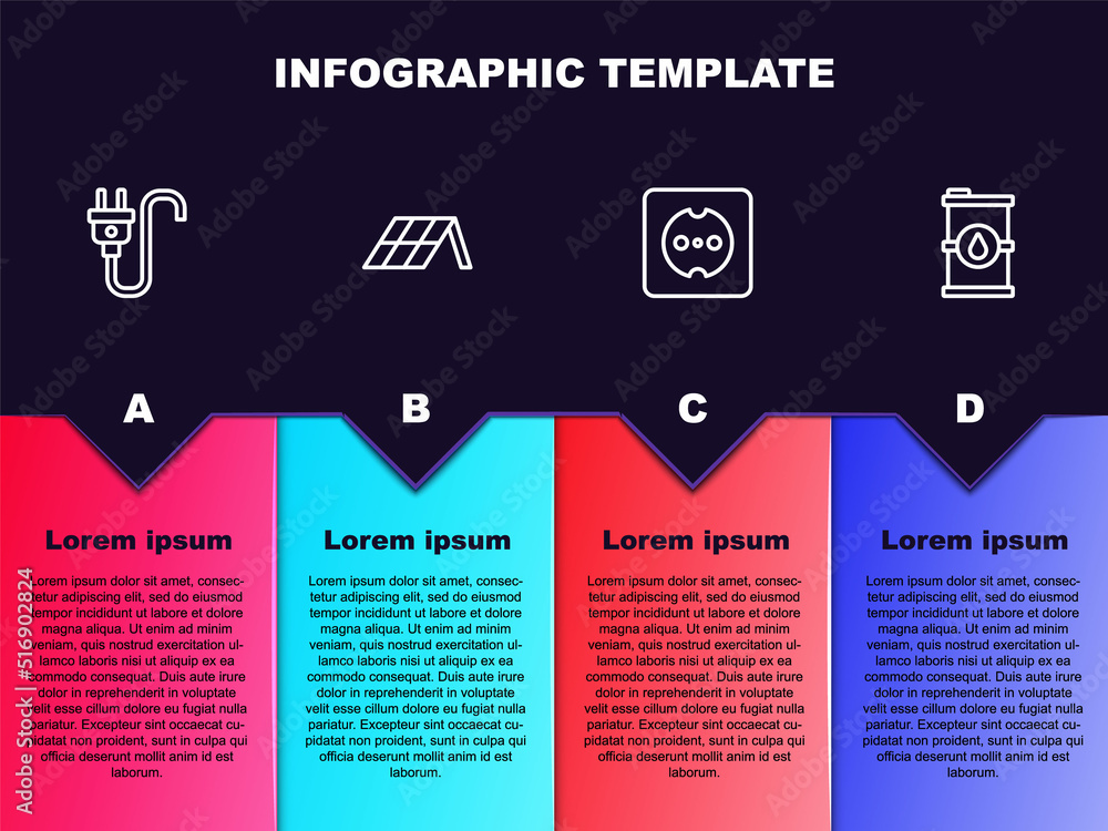 Set line Electric plug, Solar energy panel, Electrical outlet and Bio fuel barrel. Business infographic template. Vector
