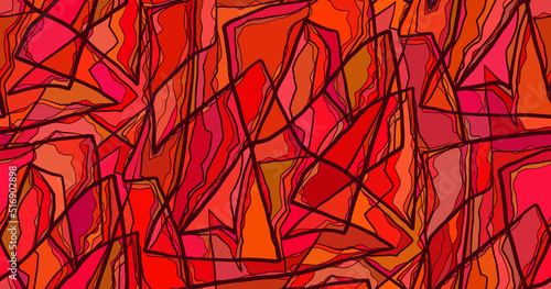 Vector red stained glass pattern with doodle scratches. Trendy texture with strokes on a scarlet background. Chaotic background