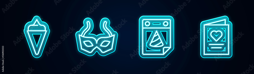 Set line Ice cream in waffle cone, Festive mask, Calendar party and Postcard with heart. Glowing neon icon. Vector Set line Ice cream in waffle cone, Festive mask, Calendar party and Postcard with heart. Glowing neon icon. Vector
