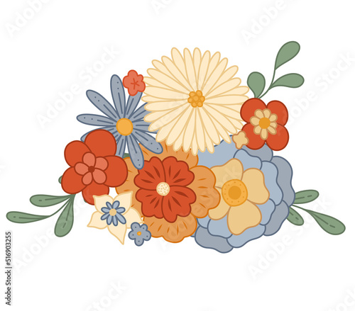 Vector groove flower composition. Floral hippie clipart. Retro bouquet isolated from the background. Nature clipart
