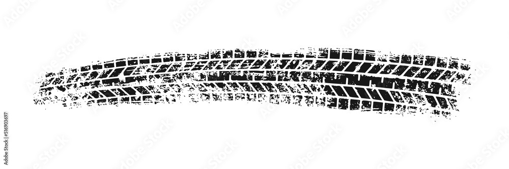 Auto tire tread grunge element. Car and motorcycle tire pattern, wheel tyre tread track. Black tyre print. Vector illustration isolated on white background.