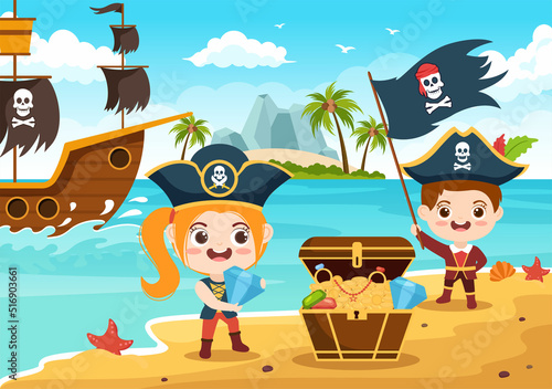 Cute Pirate Cartoon Character Illustration with Wooden Wheel, Chest, Vintage Caribbean, Pirates and Jolly Roger on Ship on Sea or Island