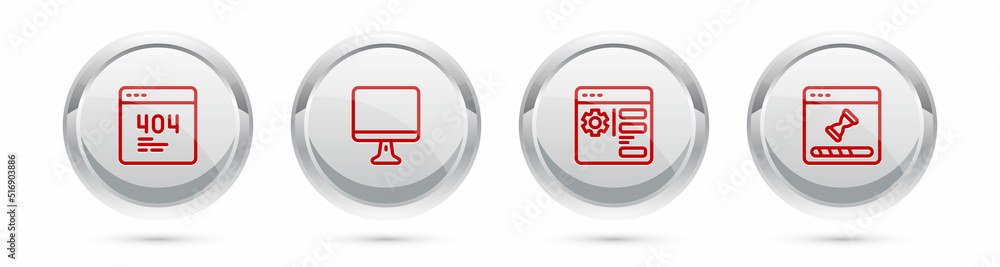 Set line Page with a 404 error, Computer monitor screen, Browser setting and Loading data window. Silver circle button. Vector Set line Page with a 404 error, Computer monitor screen, Browser setting and Loading data window. Silver circle button. Vector