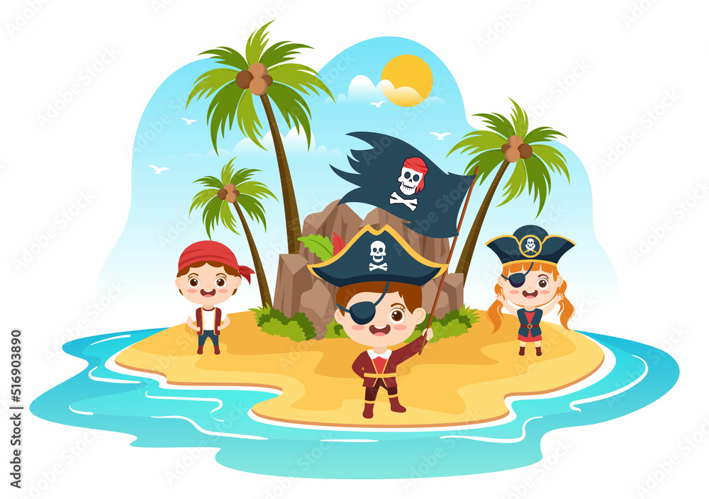 Cute Pirate Cartoon Character Illustration with Wooden Wheel, Chest, Vintage Caribbean, Pirates and Jolly Roger on Ship on Sea or Island