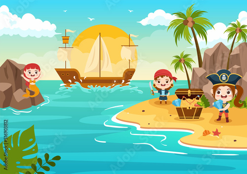Cute Pirate Cartoon Character Illustration with Wooden Wheel, Chest, Vintage Caribbean, Pirates and Jolly Roger on Ship on Sea or Island