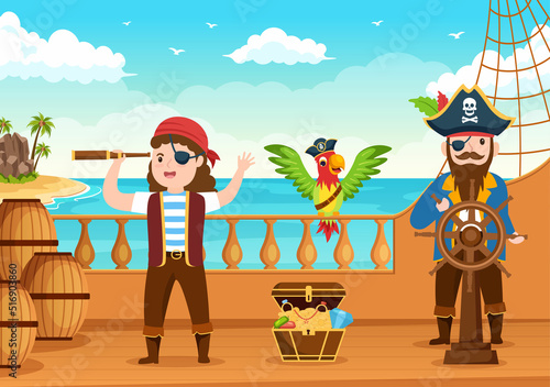Cute Pirate Cartoon Character Illustration with Wooden Wheel, Chest, Vintage Caribbean, Pirates and Jolly Roger on Ship on Sea or Island
