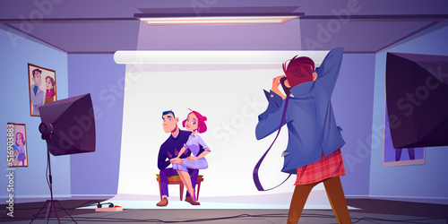 Young couple posing for camera in studio, photographer shooting girl sit on man knees front of backstage and light equipment. Boyfriend and girlfriend characters photoshoot Cartoon vector illustration photo