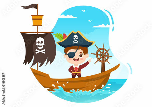 Cute Pirate Cartoon Character Illustration with Wooden Wheel, Chest, Vintage Caribbean, Pirates and Jolly Roger on Ship on Sea or Island