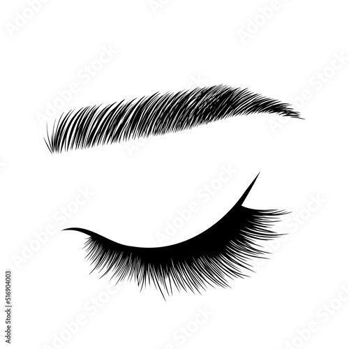 Realistic lashes on white background. Female closed eyes and brows. Lamination and extension eyelashes. Beauty studio logo. Linear vector Illustration in trendy minimalist style.