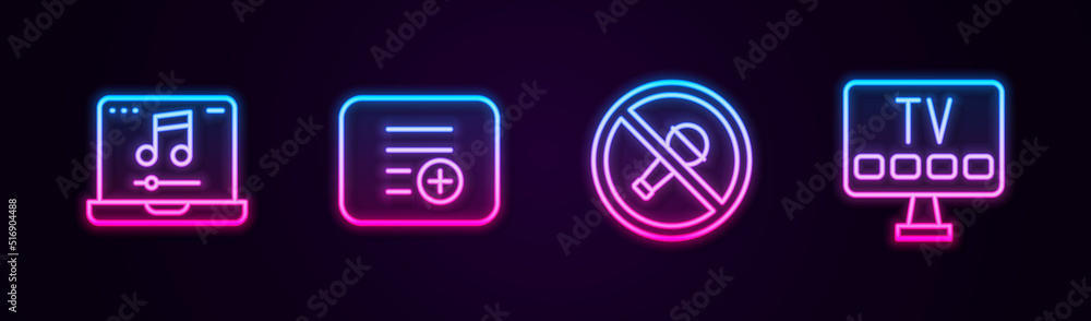 Set line Laptop with music, Add playlist, Mute microphone and Smart Tv. Glowing neon icon. Vector Set line Laptop with music, Add playlist, Mute microphone and Smart Tv. Glowing neon icon. Vector