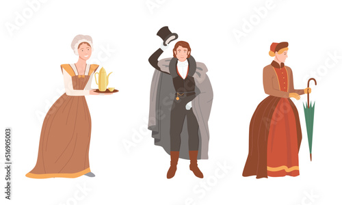Set of people wearing European vintage clothes of Renaissance period cartoon vector illustration