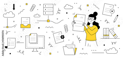 Data archive organization, office documents and files storage. Vector hand drawn illustration of woman sorts and organizes papers. Icons of folders, digital information in computer and cloud