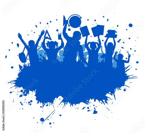 Back to school. Silhouette of children with school supplies and grunge splash with copy space. Vector illustration