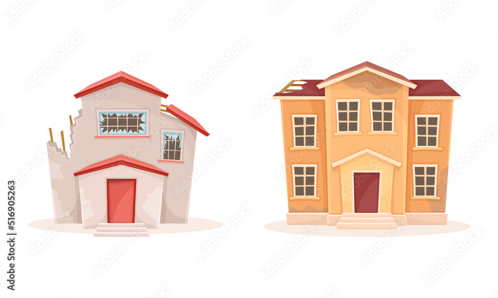 Old abandoned houses set. Ruined city buildings damaged of war, earthquake or disaster cartoon vector illustration Old abandoned houses set. Ruined city buildings damaged of war, earthquake or disaster cartoon vector illustration