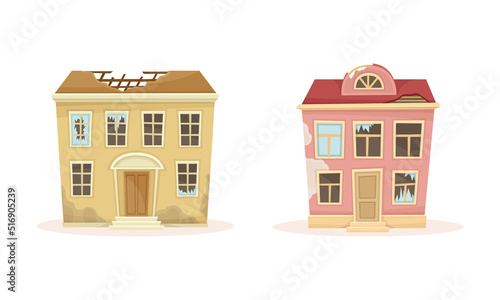 Old ruined and abandoned houses set. Collapsed city buildings damaged of war, earthquake or disaster cartoon vector illustration