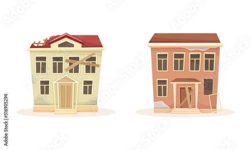 Old abandoned houses set. Ruined cottage damaged of war, earthquake or disaster cartoon vector illustration