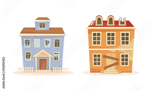 Old abandoned mansions set. Ruined buildings damaged of war, earthquake or disaster cartoon vector illustration
