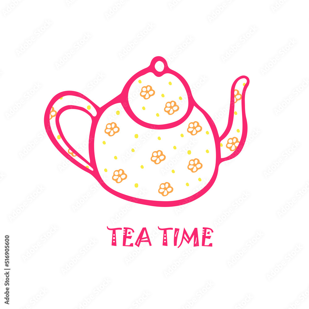 Postcard with the image of a pink teapot with flowers on a white background. Vector illustration with inscription tea time. Postcard with the image of a pink teapot with flowers on a white background. Vector illustration with inscription tea time.