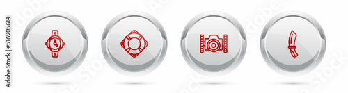 Set line Diving watch, Lifebuoy, Photo camera for diver and knife. Silver circle button. Vector