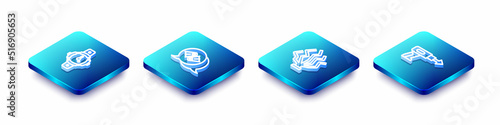 Set Isometric line Diving watch, Flippers for swimming, Coral and Fishing harpoon icon. Vector