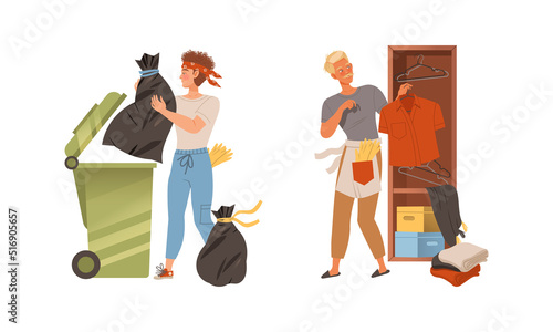 Househusband at everyday routine. Man putting clothes at wardrobe and throwing plastic bag into trash bin vector illustration