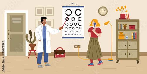 Doctor ophthalmologist check patient vision with eye test chart in medical clinic office. Vector flat illustration of man optometrist in glasses exam woman eyesight in hospital