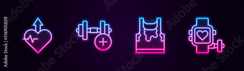 Set line Heartbeat increase, Dumbbell, Sweaty sleeveless t-shirt and Smart watch with heart. Glowing neon icon. Vector