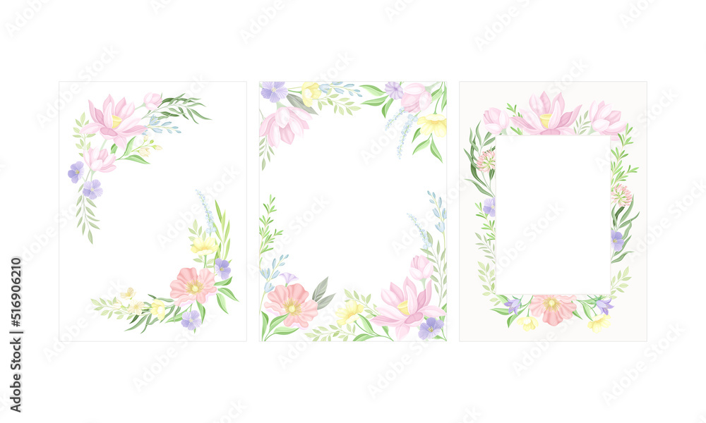 Set of elegant greeting or invitation card templates with beautiful pastel wildflowers and space for text vector illustration