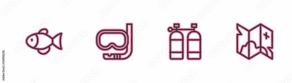 Set line Fish, Aqualung, Diving mask and snorkel and Pirate treasure map icon. Vector Set line Fish, Aqualung, Diving mask and snorkel and Pirate treasure map icon. Vector