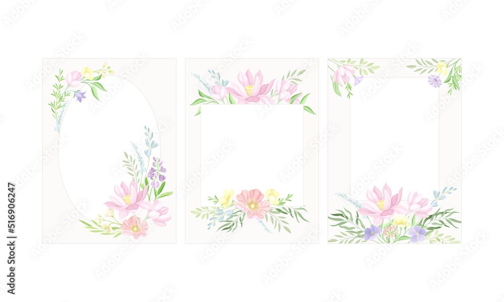 Elegant greeting or invitation card templates with delicate flowers set vector illustration