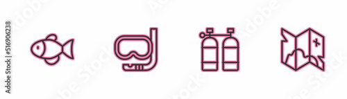 Set line Fish, Aqualung, Diving mask and snorkel and Pirate treasure map icon. Vector