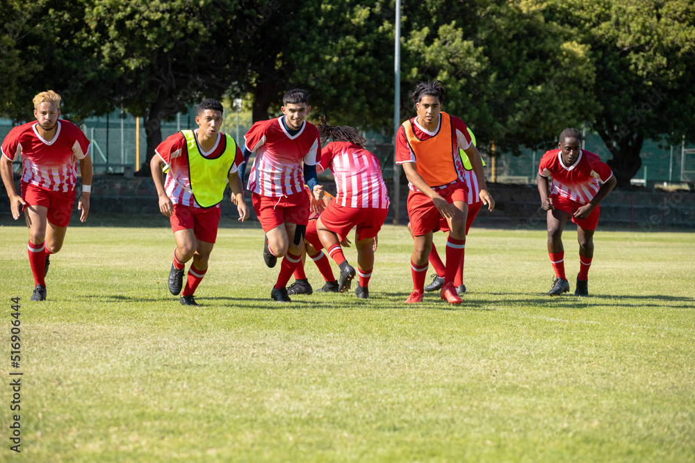Obraz premium Multiracial male soccer players wearing red sports uniforms running on grassy field at playground