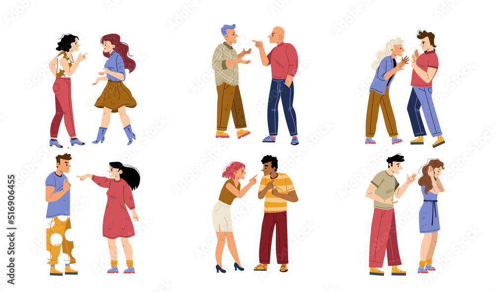 Couples and friends quarrel and argue. Concept of conflict, bad relationships. Vector flat illustration of diverse angry men and women dispute and arguing isolated on white background