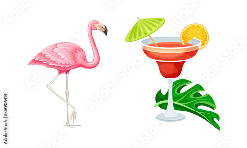 Pink flamingo and tropical cocktail. Summer tropical vacation objects cartoon vector illustration