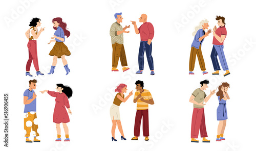 Couples and friends quarrel and argue. Concept of conflict, bad relationships. Vector flat illustration of diverse angry men and women dispute and arguing isolated on white background
