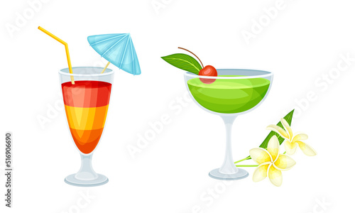 Tropical cocktails set. Hawaiian, summer vacation symbols cartoon vector illustration