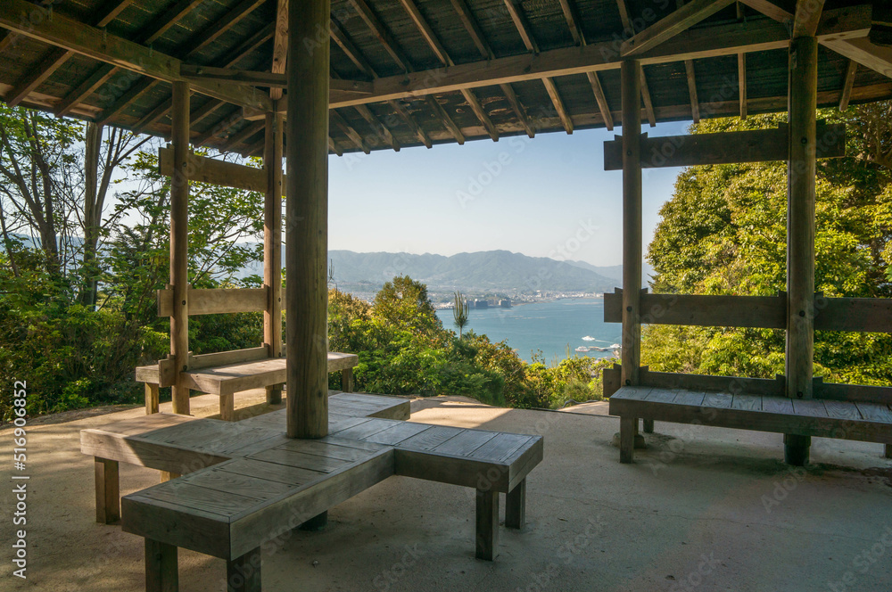 A resting place in Hiroshima, Japan, overlooking Itsukushima Shrine from the mountains