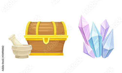 Stone mortar bowl, pestle, wooden chest and magic crystal gem stone. Witchcraft and alchemy objects set cartoon vector illustration