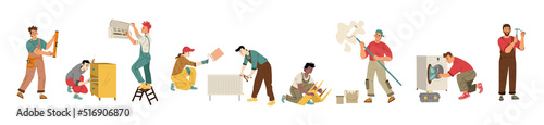 Repair workers, handyman service. construction and renovation employees plumber, painter, carpenter and furniture maker characters in uniform with tools, Line art flat vector illustration set