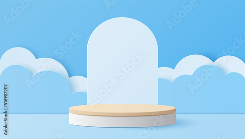 Paper art and digital craft style of wood cylinder podium with clouds for products display presentation, mock up, show cosmetic. Vector illustration