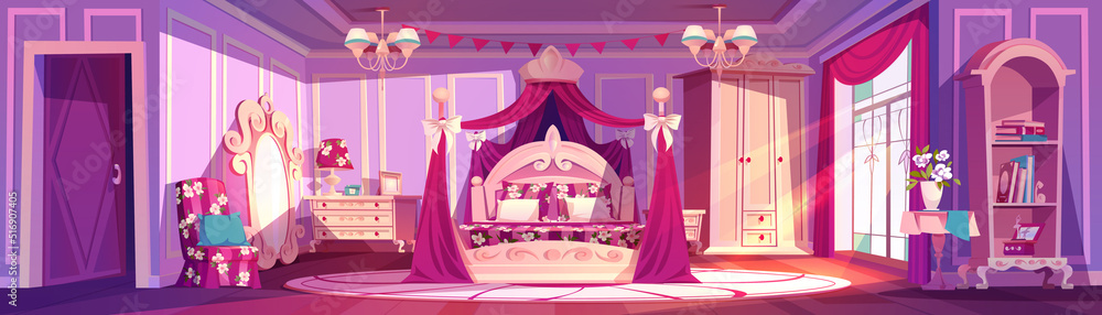 Princess bedroom in royal house, palace or castle. Vector cartoon illustration of luxury room interior with bed with canopy, mirror, chair, wardrobe, pink curtains and bookcase - obrazy, fototapety, plakaty 