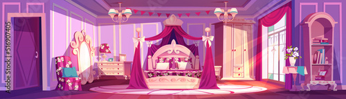 Princess bedroom in royal house, palace or castle. Vector cartoon illustration of luxury room interior with bed with canopy, mirror, chair, wardrobe, pink curtains and bookcase