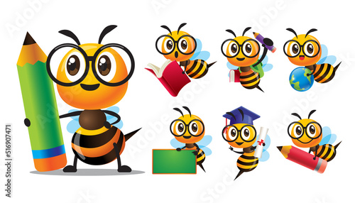 Cartoon cute bee character with glasses back to school series with different poses. Cute Bee holding pencil, holding book, carry blackboard and globe. Vector mascot set collection