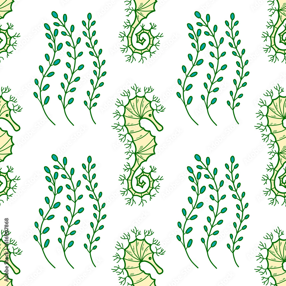 Naklejka premium Seamless vector pattern with algae and sea horse on white background.