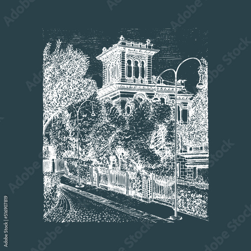 Town landscape, old palazzo illustration in vector