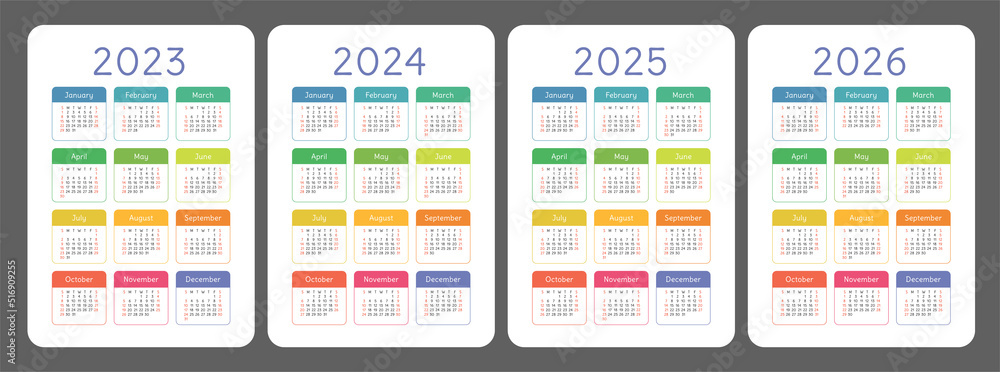 Calendar 2023, 2024, 2025 and 2026 year set. Vector calender template collection. Week starts on Sunday. January, February, March, April, May, June, July, August, September, October, November