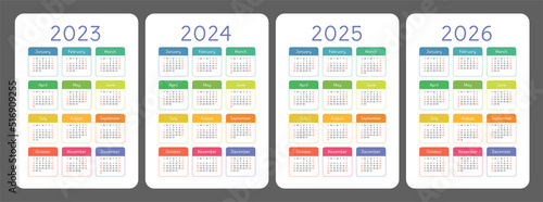 Calendar 2023, 2024, 2025 and 2026 year set. Vector calender template collection. Week starts on Sunday. January, February, March, April, May, June, July, August, September, October, November
