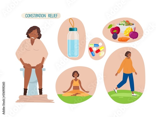 Prevention of constipation. Good habits. Healthy nutrition Rules, active lifestyle. Vector illustration isolated on white background for educational use. Natural Foods, water To Relieve Constipation.
