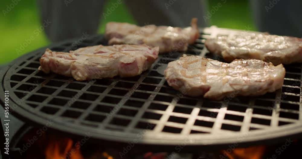 Close-up of falling tasty beef steak hamburg backyard Barbecue Close-up of falling tasty beef steak hamburg backyard Barbecue