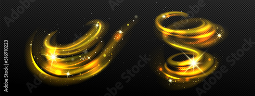 Magic spiral, twist effect with stars and sparkles. Gold swirl of wand isolated on black background. Magician spell, wizard, fairy golden light, shiny lightnings trace Realistic 3d Vector illustration